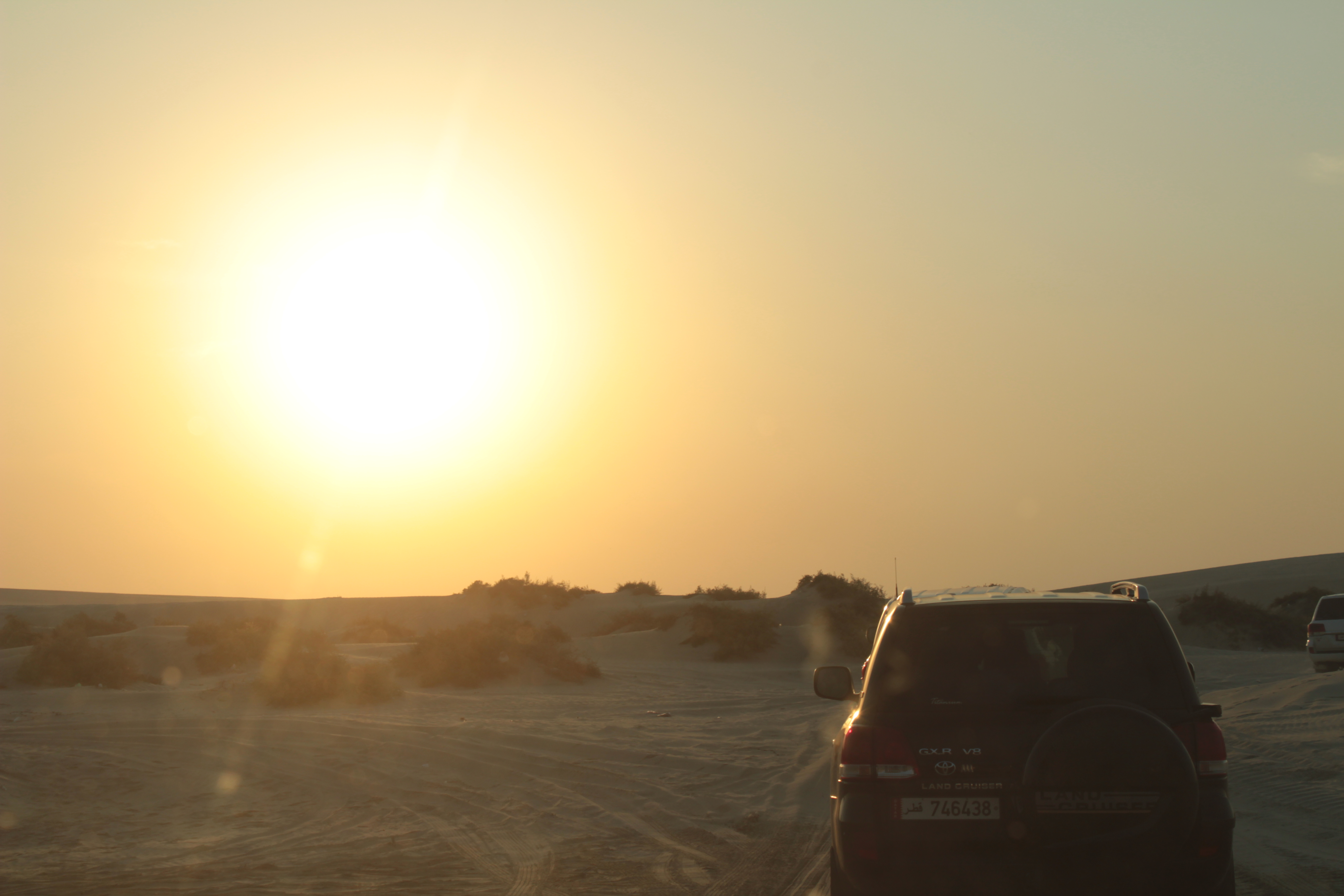 cars driving through desert at sundown
